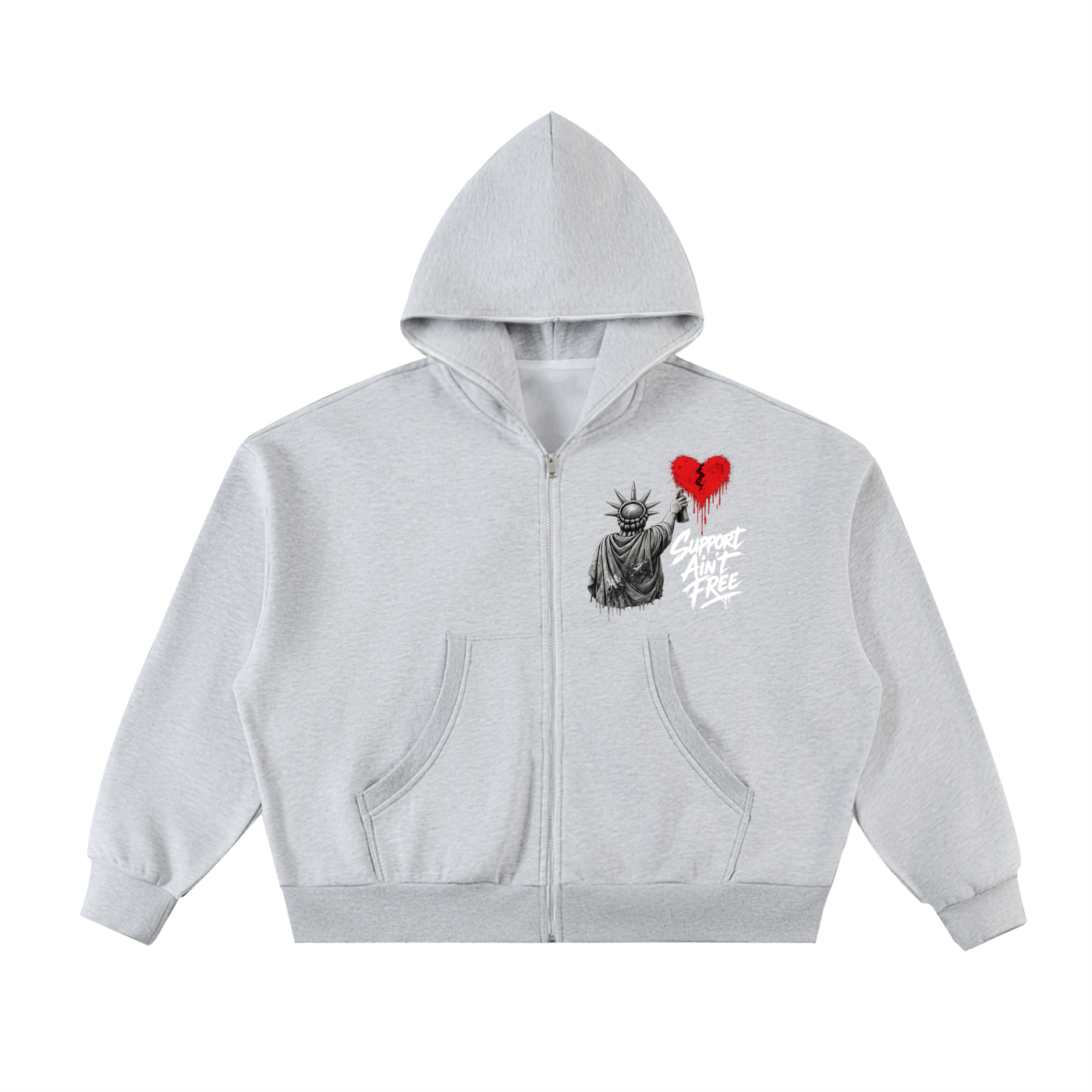 Fleeced Full-Zip Boxy Hoodie Liberty Support Ain’t Free White
