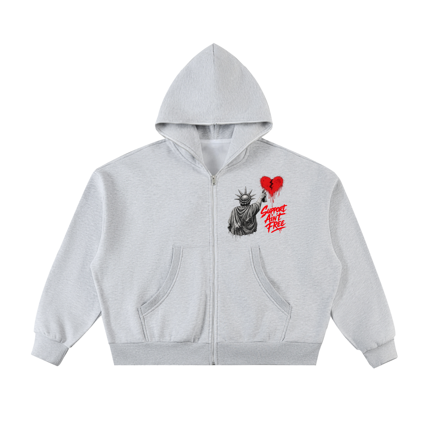 Fleeced Full-Zip Boxy Hoodie Liberty Support Ain’t Free Red