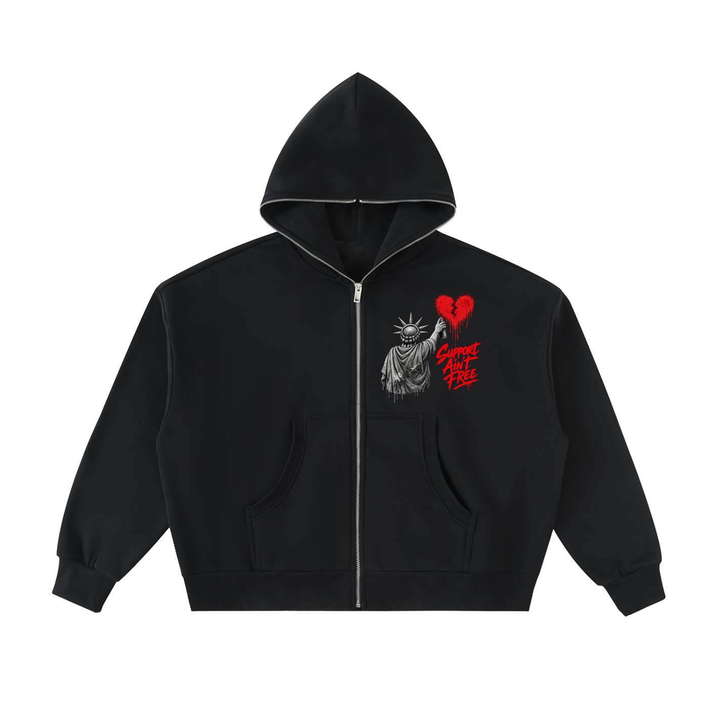 Fleeced Full-Zip Boxy Hoodie Liberty Support Ain’t Free Red