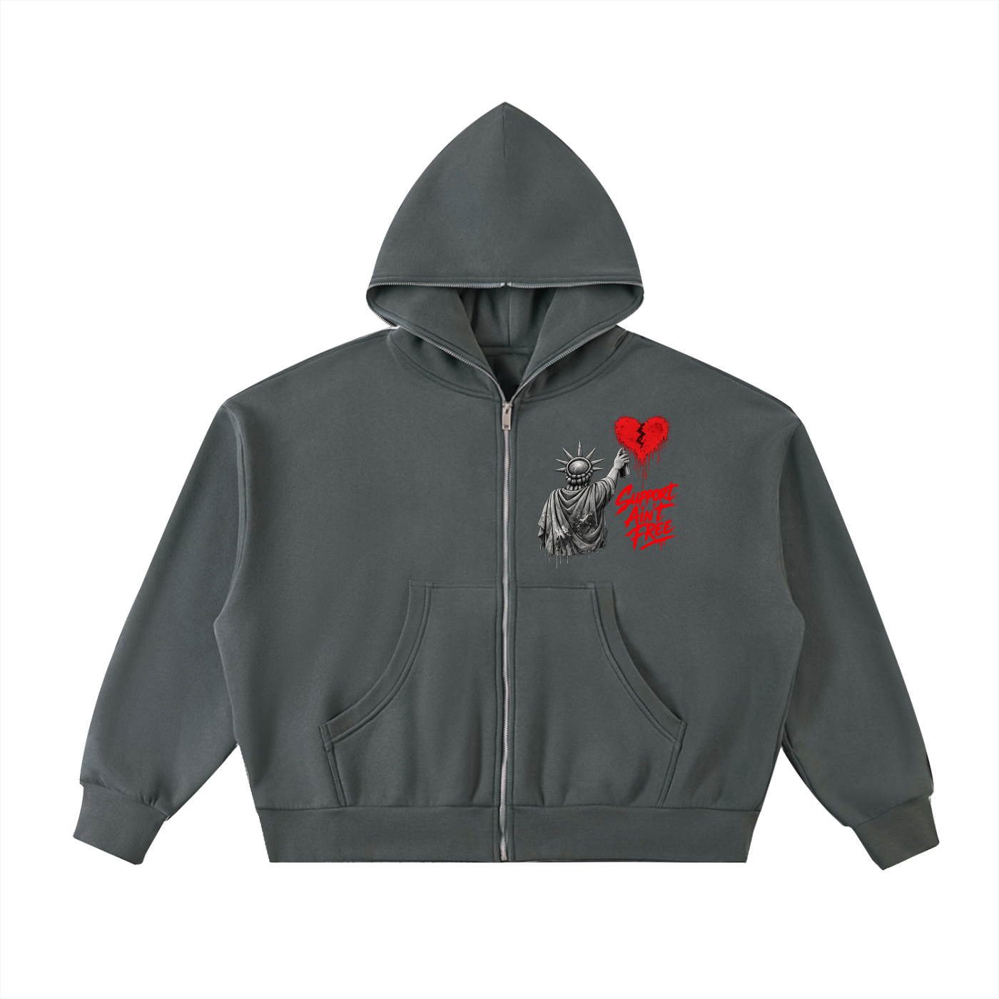 Fleeced Full-Zip Boxy Hoodie Liberty Support Ain’t Free Red