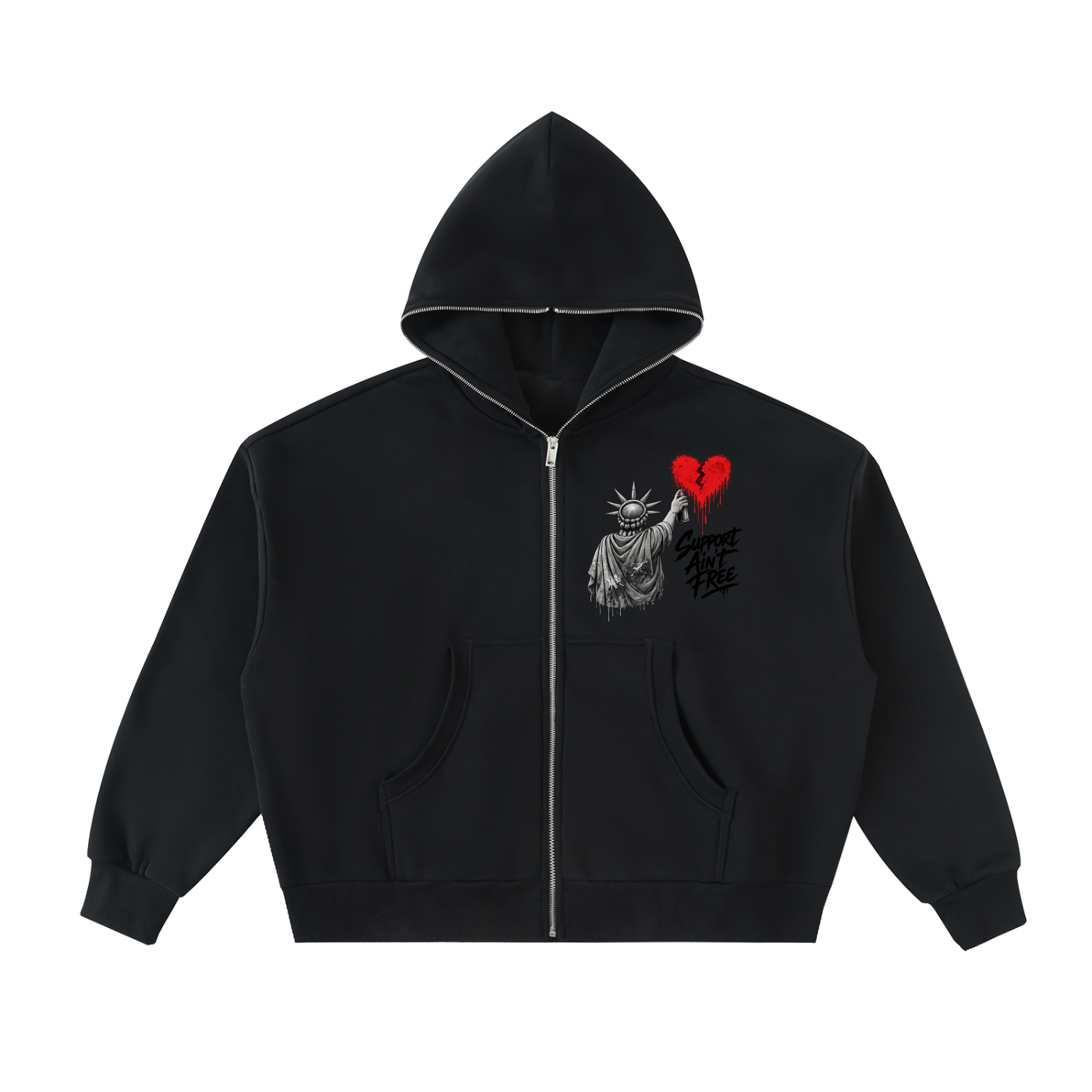 Fleeced Full-Zip Boxy Hoodie Liberty Support Ain’t Free Black