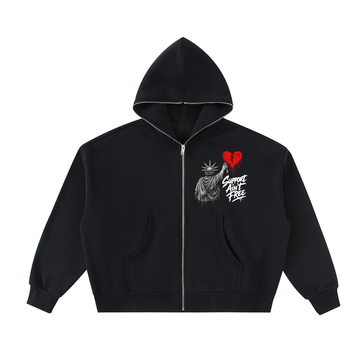 Fleeced Full-Zip Boxy Hoodie Liberty Support Ain’t Free White