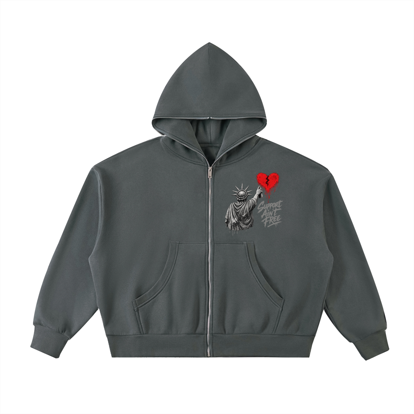 Fleeced Full-Zip Boxy Hoodie Liberty Support Ain’t Free Grey