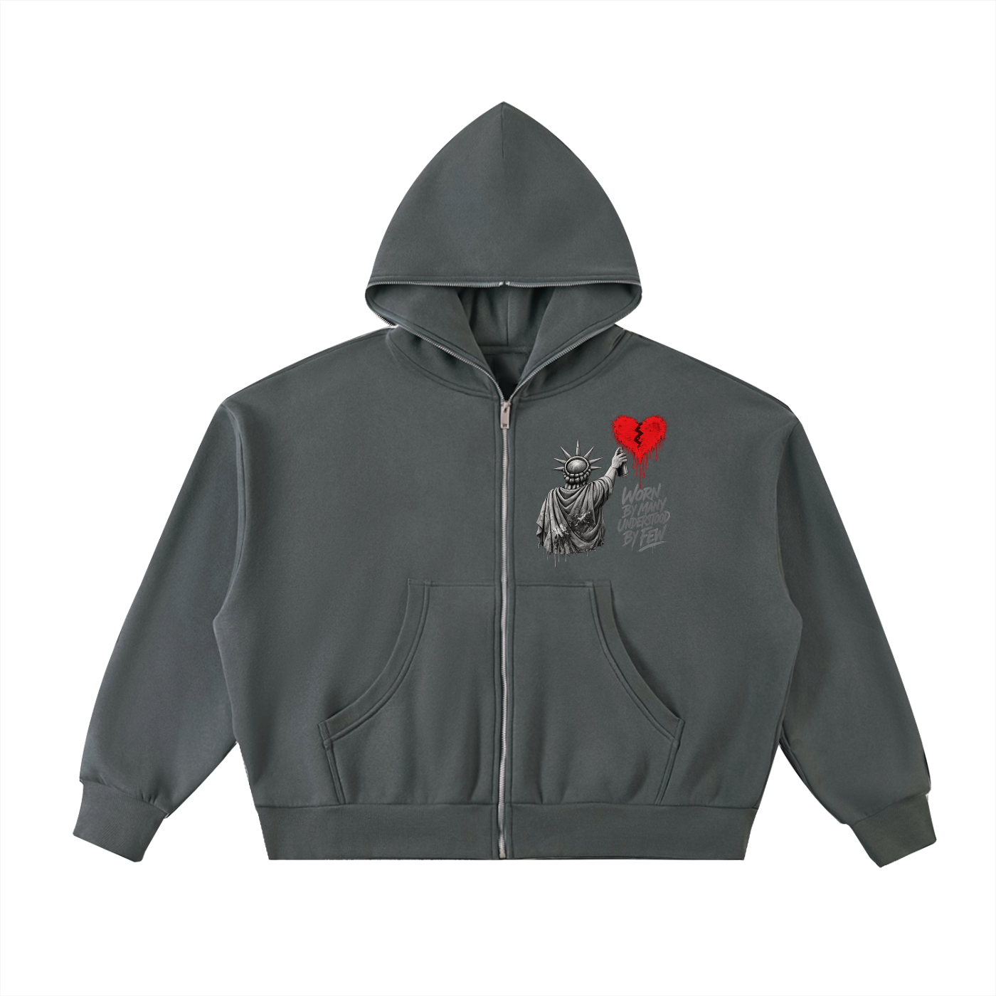 Fleeced Full-Zip Boxy Hoodie Liberty Worn By Many Understood By Few Grey